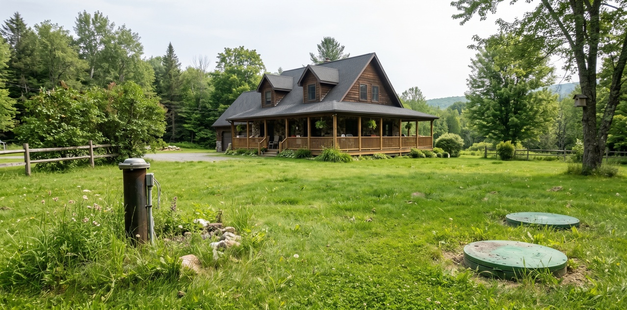 Chalet rural entouré de verdure, avec un puits artésien à gauche et deux couvercles de fosse septique à droite.